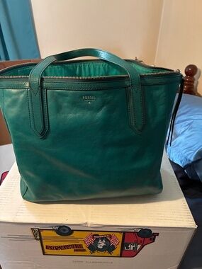 Fossil Teal Leather Zip-Top Tote